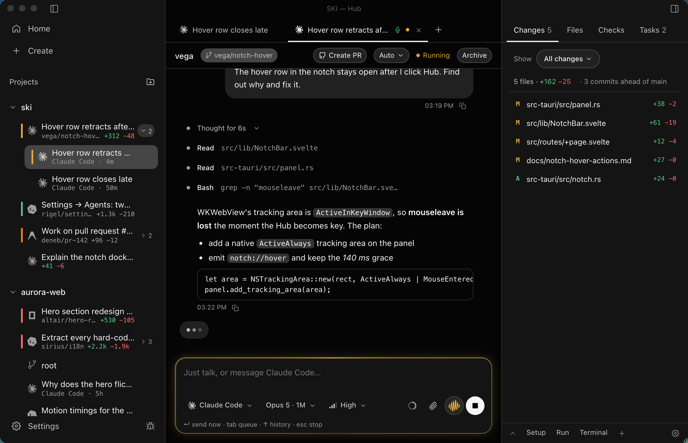 SKI Hub — every project and agent chat in the sidebar with live status, an agent mid-task in the centre, and its changed files on the right