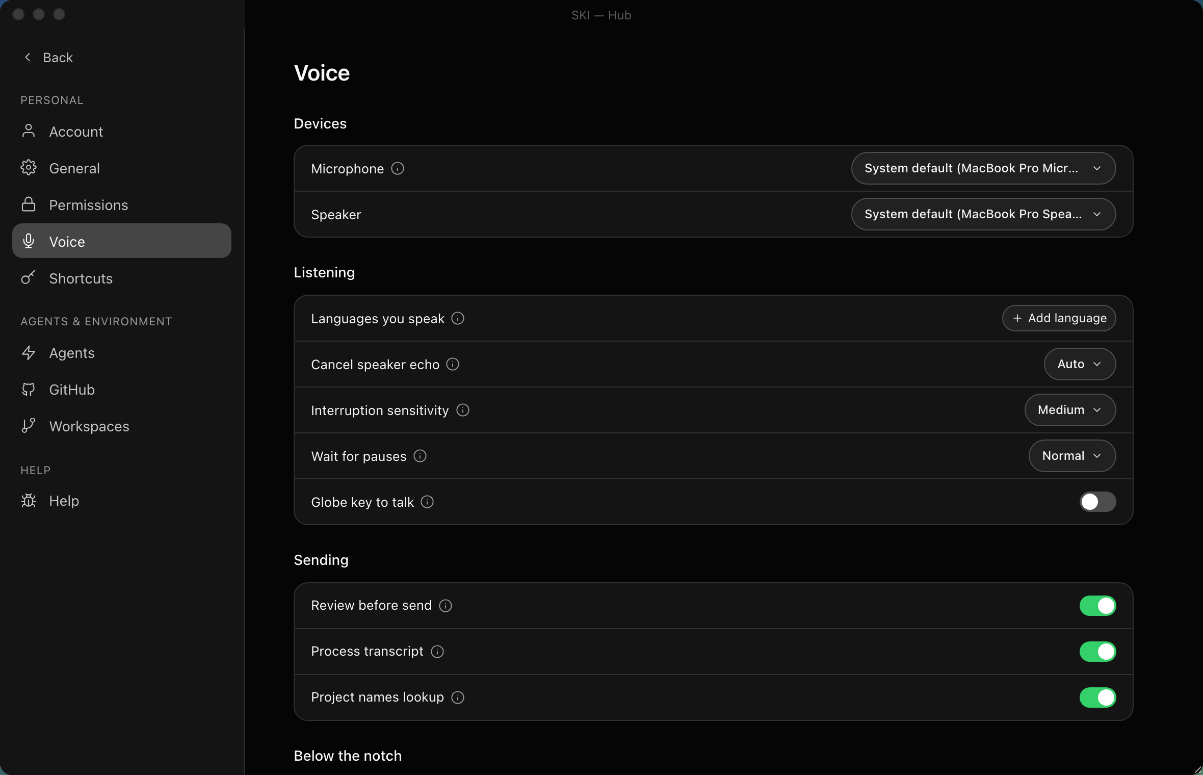 SKI settings, Voice — microphone and speaker, the languages you speak, speaker echo cancelling set to Auto, how long SKI waits for your pauses, and review before send switched on